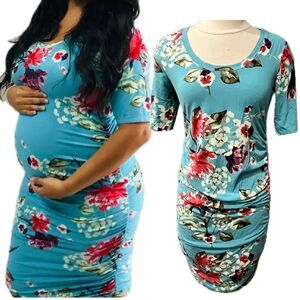 Motherhood Maternity Blue Floral Printed Sheath Bodycon Side Ruched Dress Small